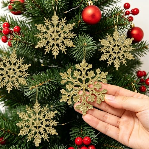 Image of 60pcs Christmas Gold Snowflake Ornaments Plastic Glitter Snow Flakes Ornaments for Winter Christmas Tree Decorations Size Varies Craft Snowflakes