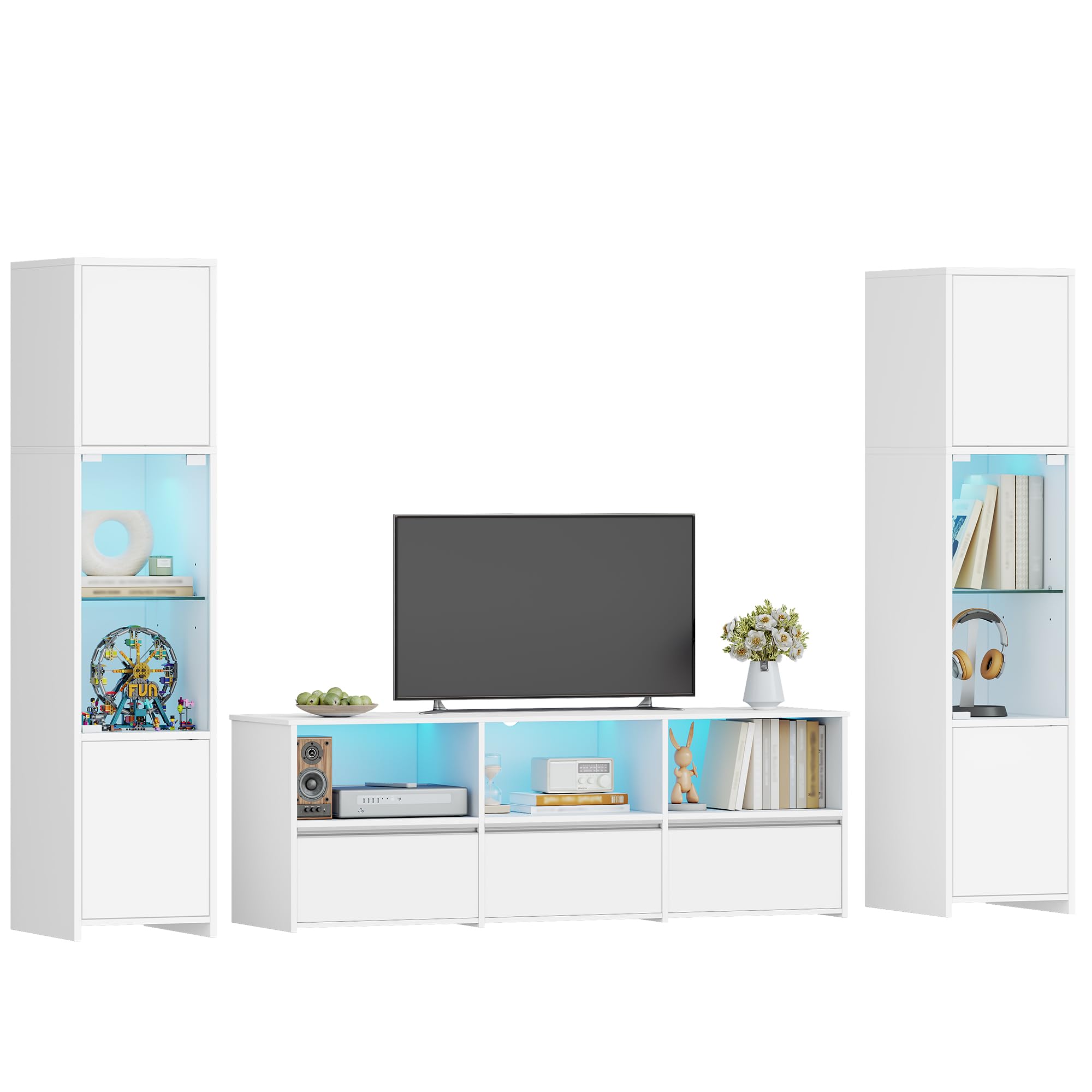 Hzuaneri Wohnwand, Weiß 3 Teiliges TV Möbel Set, mit LED Beleuchtung