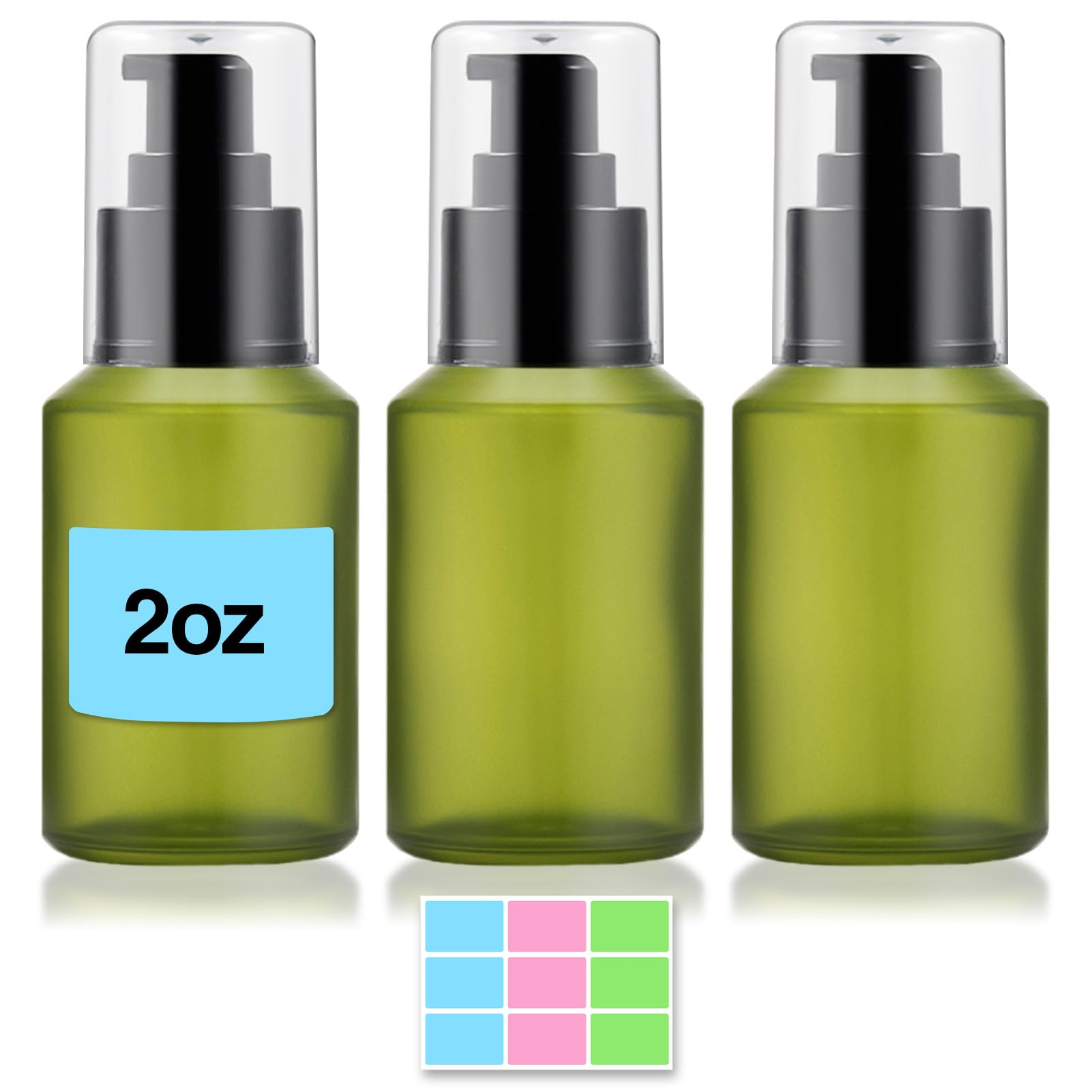 Photo 1 of DPLASKA 3PCS 2oz Frosted Green Glass Pump Bottles with Labels