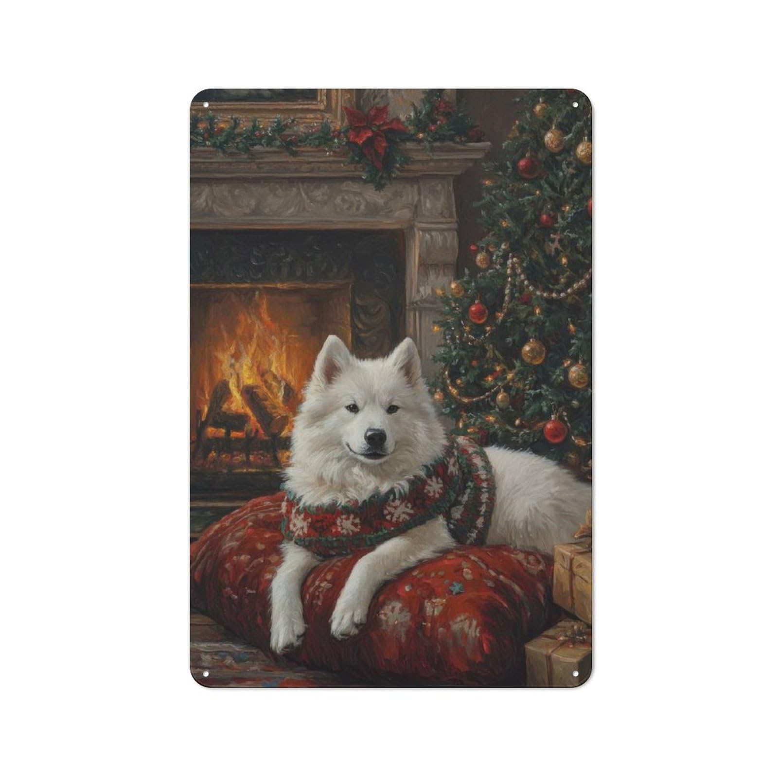 Junmoney Samoyed Dog Christmas Portrait Festive Samoy Metal Wall Sign 30X20cm Featuring Ed Decor For Living Room Wall, For Decorating Living Rooms And Feature Walls