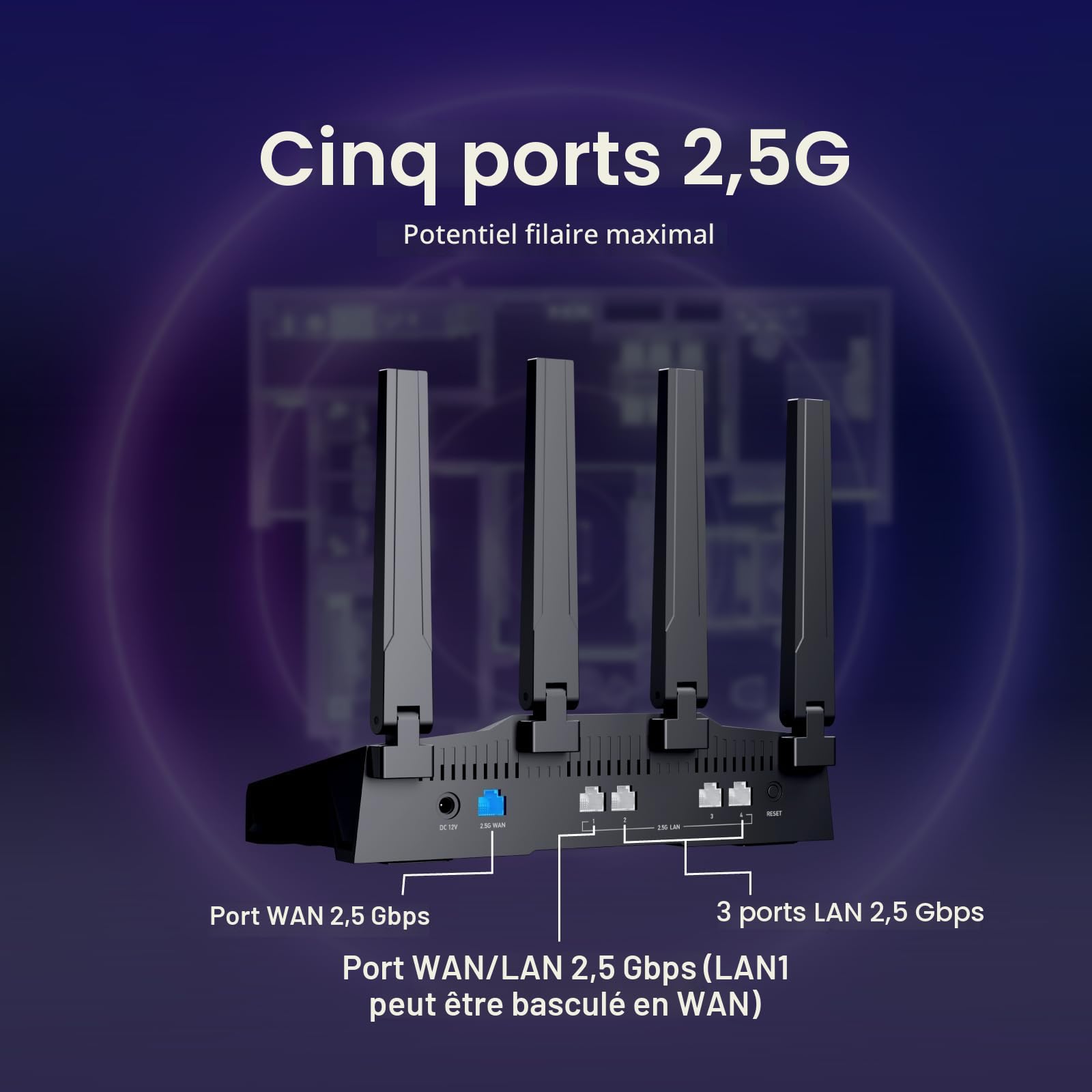 GL.iNet GL-BE9300 Flint 3 Routeur WiFi 7 Tri-Band Gaming Haute Vitesse 5 Ports Multi-Gig 2.5G MLO