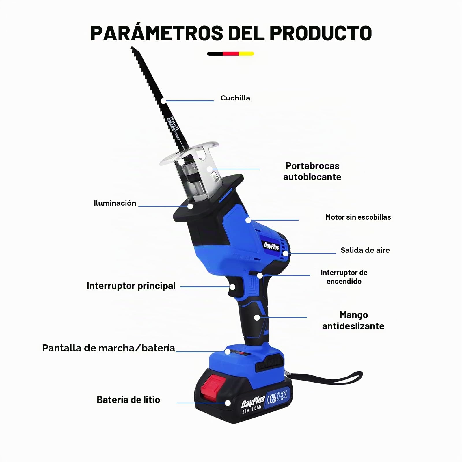 Sierra de sable eléctrica inalámbrica con batería, herramienta eléctrica de 21 V, 4 hojas de sierra, ideal para cortar madera, PVC y metal (con 2 baterías)