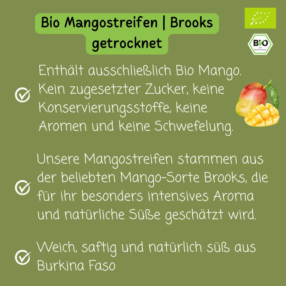 süssundclever.de® | Bio Mango, getrocknet | 1,0 kg | Mangostreifen | Sorte: Brooks | plastikfrei und ökologisch-nachhaltig abgepackt | getrocknete Mango Streifen