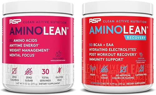 Miniatura 1 de RSP NUTRITION AminoLean Energía preentrenamiento (30 porciones) con AminoLean Recovery Post Workout Boost (Tropical Island Punch 30 porciones)