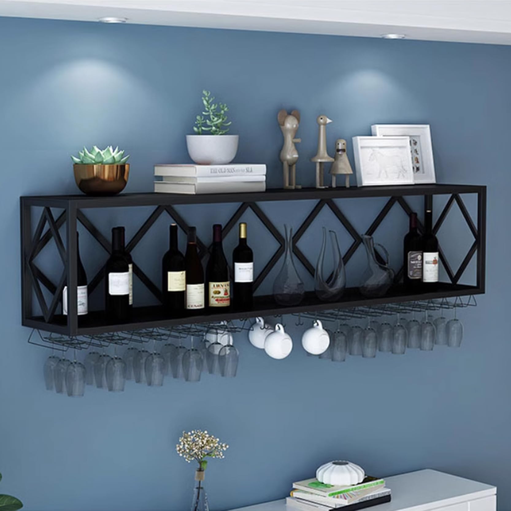 Casier à vin en métal noir 100x25x40 cm avec porte-verres suspendu