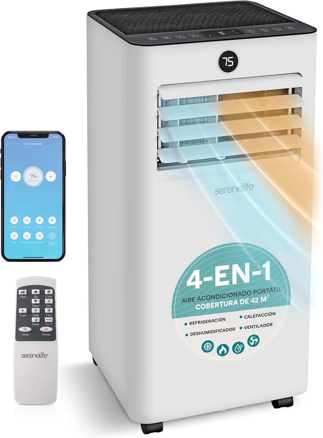 SereneLife Climatizzatore mobile e riscaldamento 7000 BTU, compatto con raffreddamento, funzione Wi-Fi, deumidificatore e kit di installazione per finestra