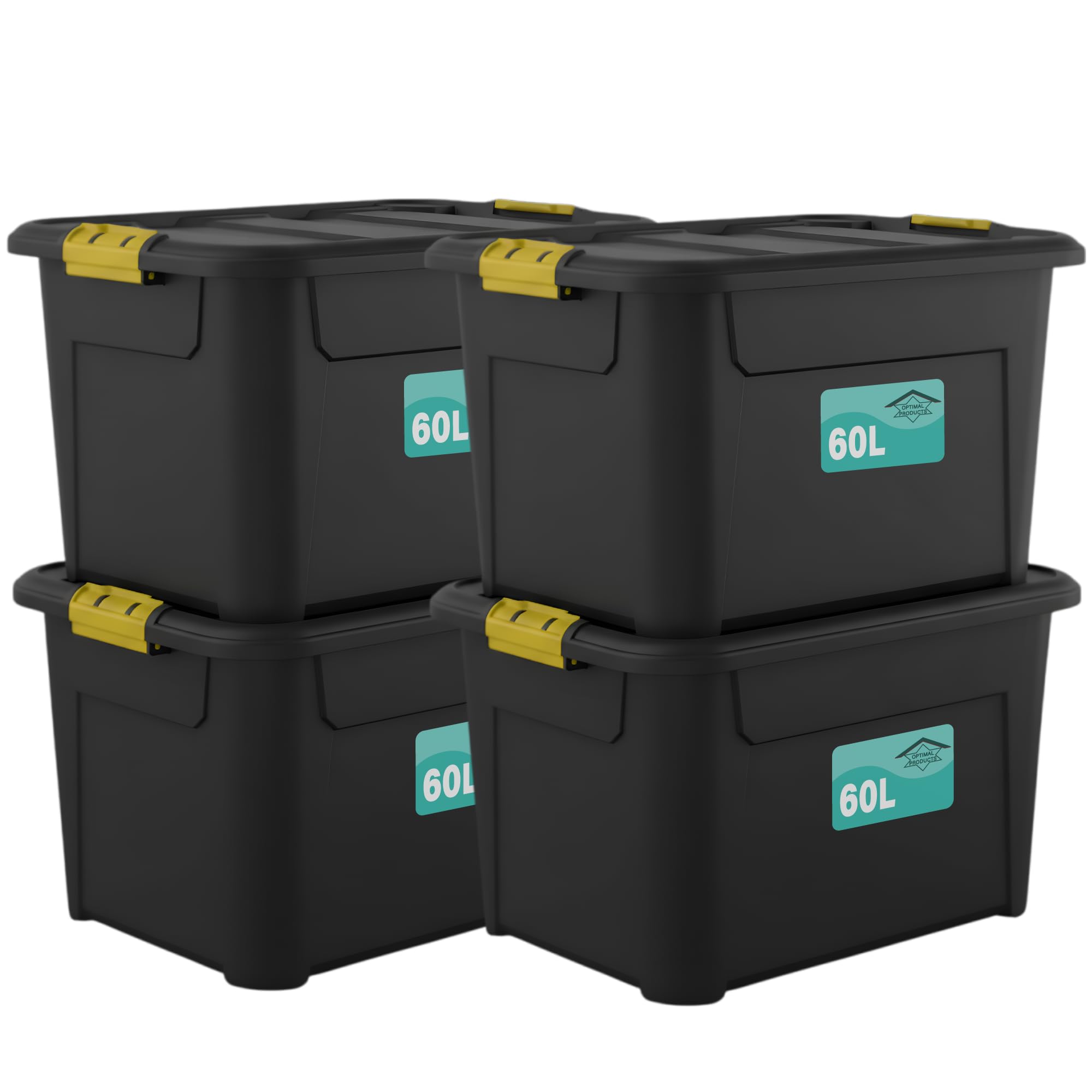 Pack Of 4 Plastic Storage Boxes Black, Heavy Duty Multi-Purpose Indoor & Outdoor Stackable Strong Container Lid Yellow Lock Clip Handles Home, Office School Arts & Crafts Nestable (60 Litre)
