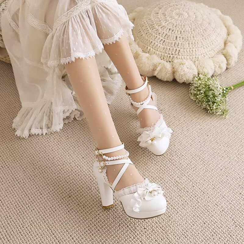 Womens Lolita Dress Shoes Bow Chunky Heels Cute Kawaii Pumps Pearl Ruffles Mary Janes Platform Cross Strap Sandals4