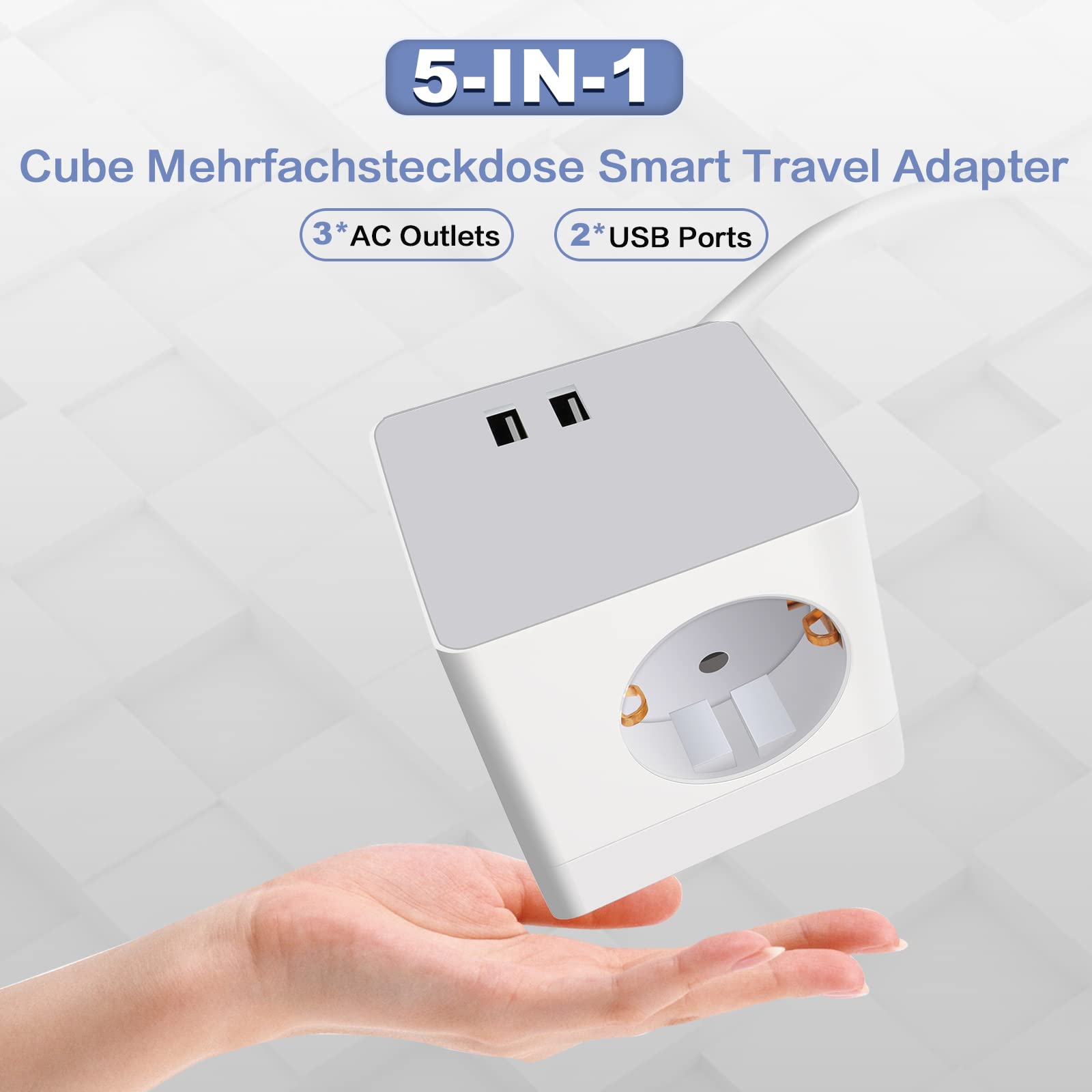 HITRENDS Kubus Stekkerdoos – 3 Stopcontacten, 3 USB-poorten, 2 Meter Kabel – Compact, Overbelastingsbeveiliging, Ideaal Voor Thuis En Kantoor!
