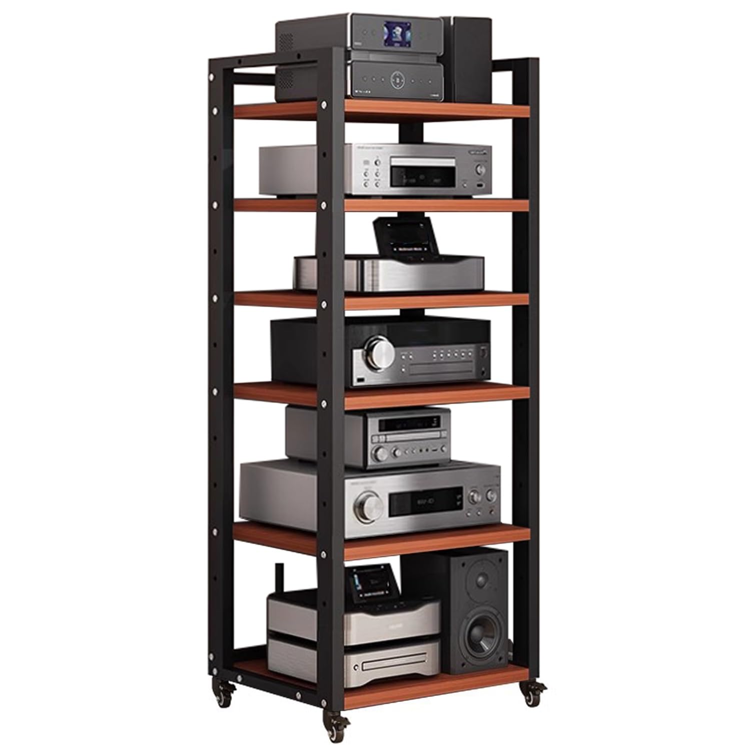 Stojak na sprzęt HiFi, 6-poziomowy, wieża z kółkami i regulowanymi półkami, szafka stereo do pokoju gier/studia nagraniowego (brązowy) (60x40x140 cm)