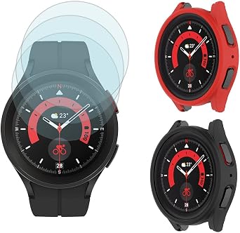 SHUAXI Screen Protector 3+2Pack Compatible for Samsung Galaxy Watch 5 Pro 45mm case,Tempered Glass Film Anti-Scratch High Definition Full Coverage and 2 Soft TPU Protective Case
