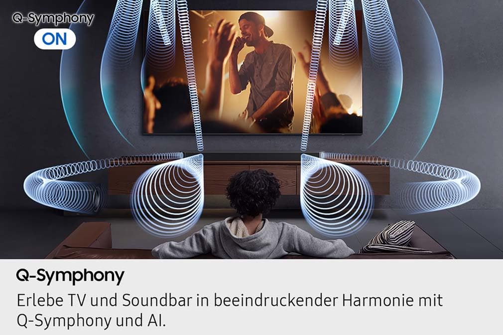 Samsung HW-Q995GF Q-Series 11.1.4-Kanal-Soundbar für Fernseher, Kabelloser 8"-Dual-Subwoofer, 4.0.2-Kanal-Rücklautsprecher, Kabelloses Dolby Atmos und DTS:X, SpaceFit Sound Pro, Q-Symphony