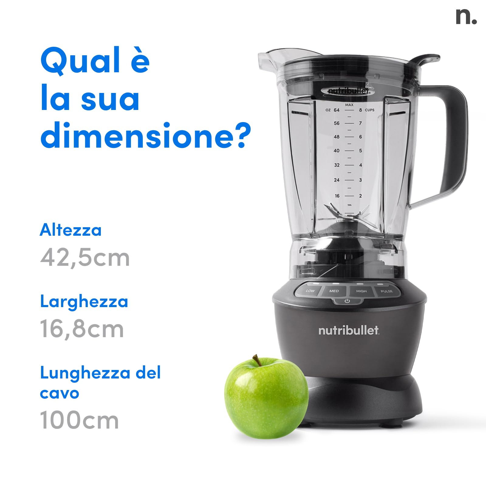 nutribullet Full Size Blender Combo, Frullatore Elettrico, Tritatutto Multifunzione, Professionale, Con Tre Bicchieri di cui uno da 1,8 L Senza BPA, Potenza 1200 Watt, NBF500MB