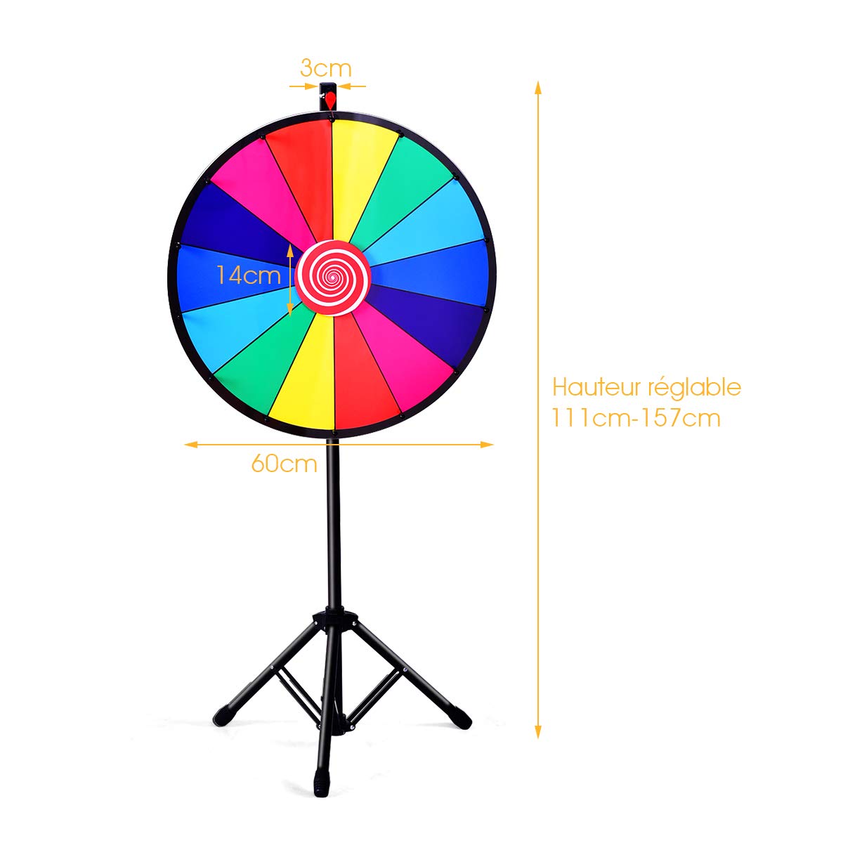 COSTWAY Roue de Prix, Prize Wheel de 60 cm, Roue de la Fortune 24 Pouces avec Trépied 14 Slot Roue de Loterie avec Stylo Effaçable…