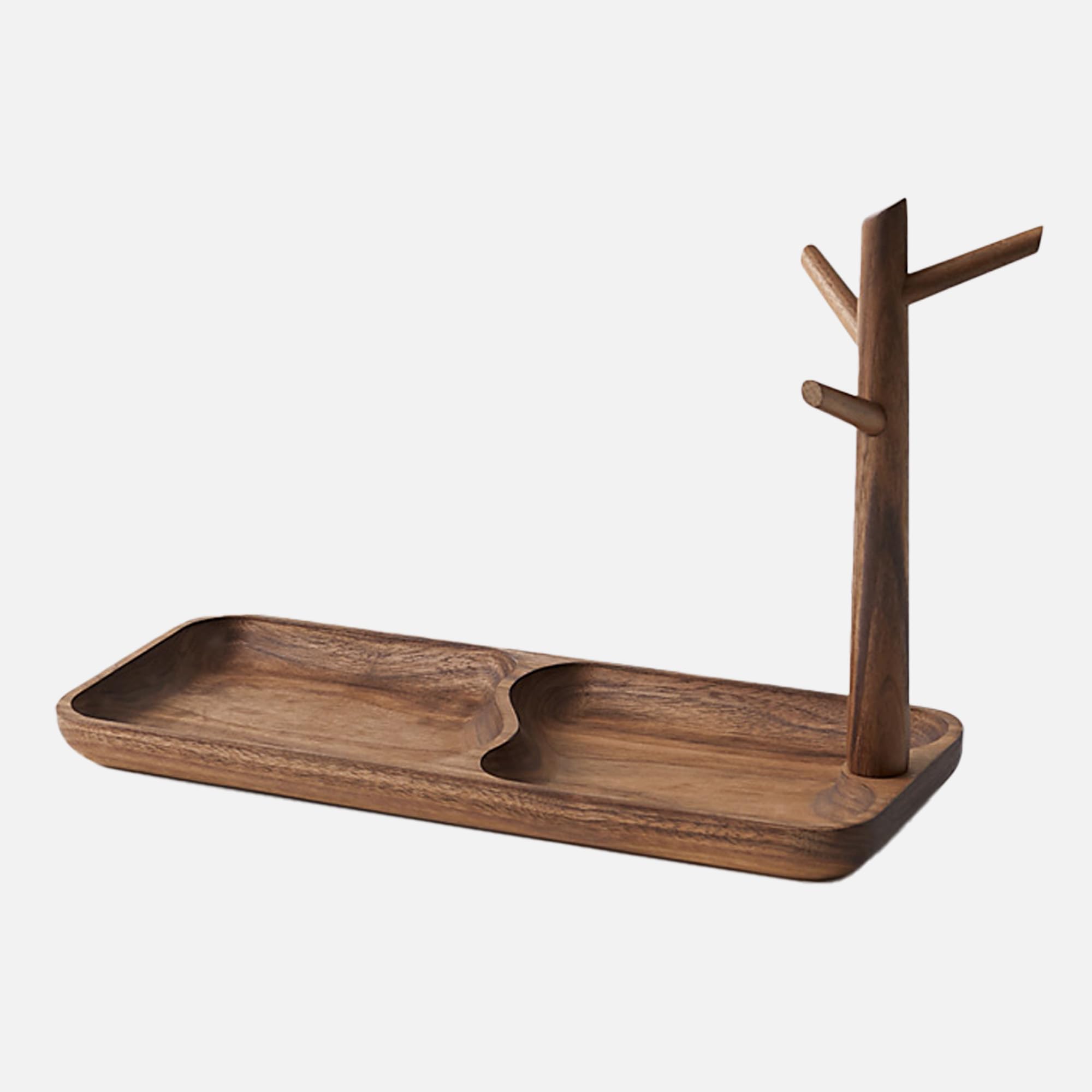 YESWOOD Schmuck Organizer aus massivem Walnussholz, Multi-Functional Wooden Organiser with Branch Stand for Jewellery & Keys, Decorative Desk or Entryway Tray (Black Walnut)