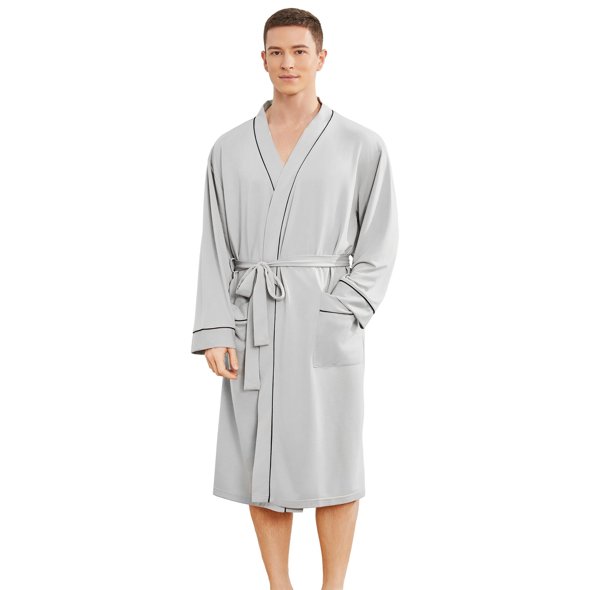 Mens Lightweight Robe, Knit Kimono Bathrobe Spa Sleepwear Soft Knee Length Robe With Pockets