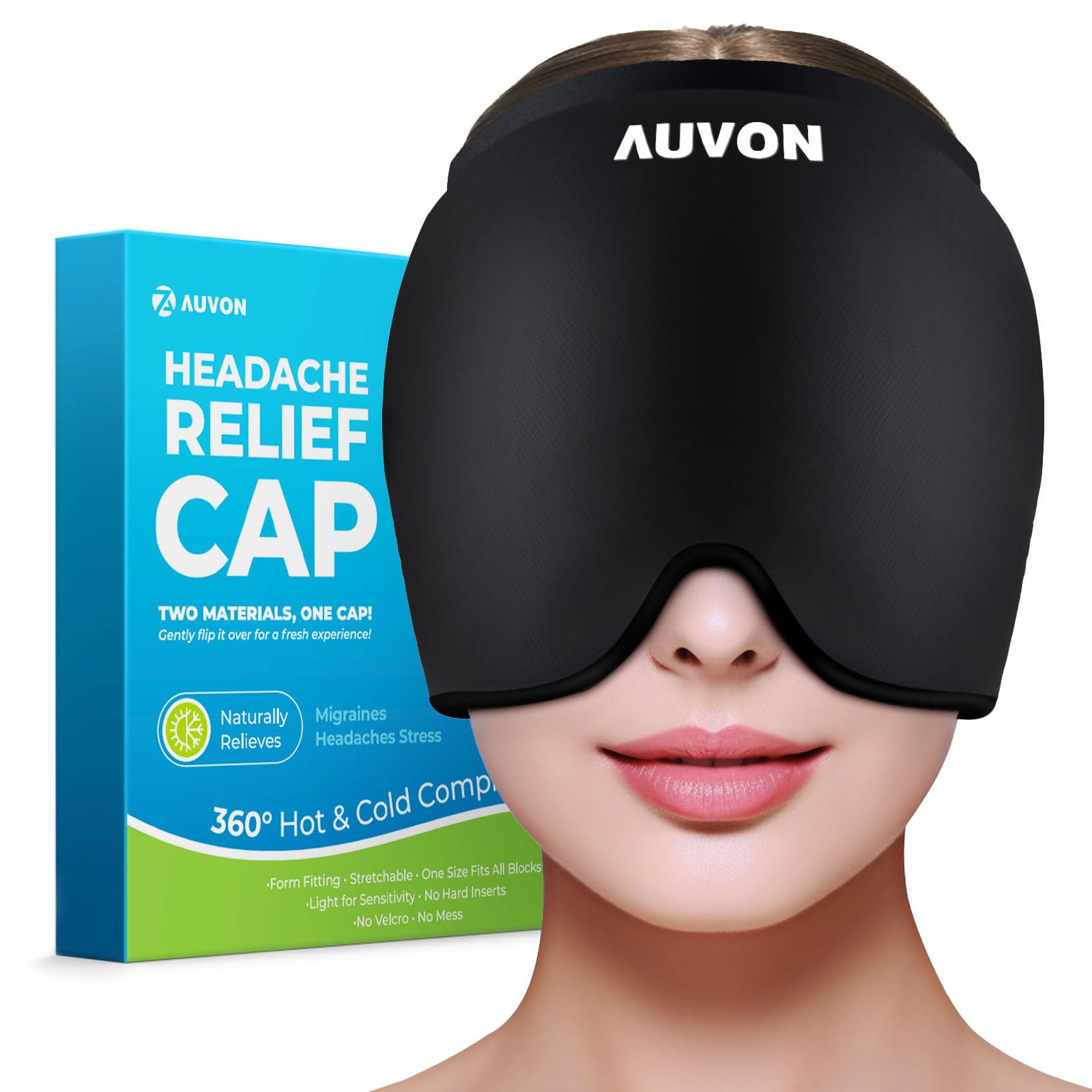 AUVONMigraine Relief Cap, Adjustable Headache Relief Cap with 360° Patented Odorless Gel Coverage, Dual Cooling Headache Hat with Reversible Fabrics, Migraine Hat for Tension Headache, Sinus Pressure
