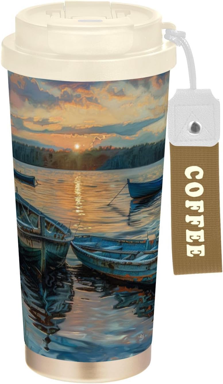 Lake Dock Boats Sunset Insulated Coffee Mug with Straw & Flip Lid, 16.9oz Iced Tumbler Cup, Double Wall Vacuum Leak-Proof Mug for Travel Office