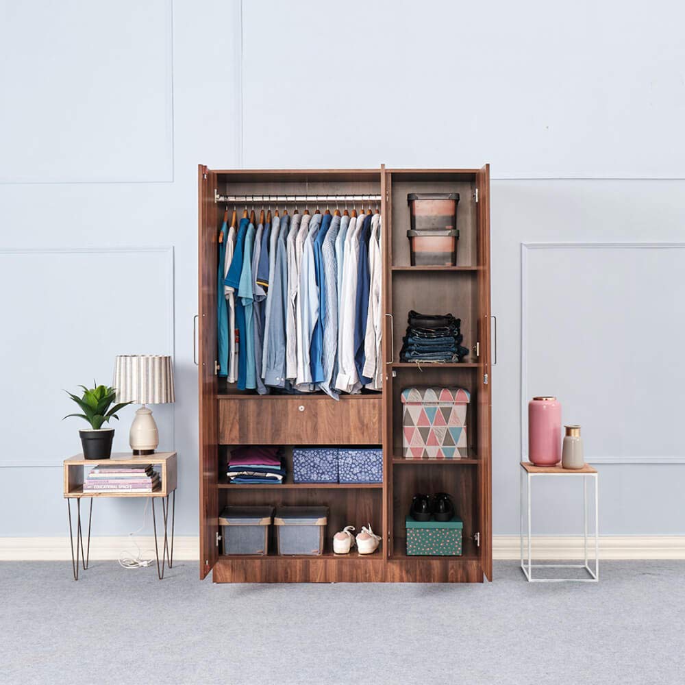 Wakefit Wardrobe | 1 Year Warranty | Engineered Wood Almirah, Cupboard for Clothes Storage | 3 Door, 1 Drawer | Tartan - Columbian Walnut