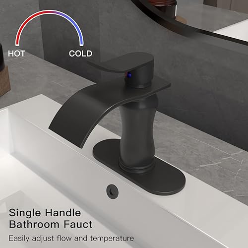 Miniatura 2 de BWE Grifo de baño negro cascada para fregadero, 1 agujero, mango único con tapón de drenaje desplegable y mangueras de suministro, piezas de granja,