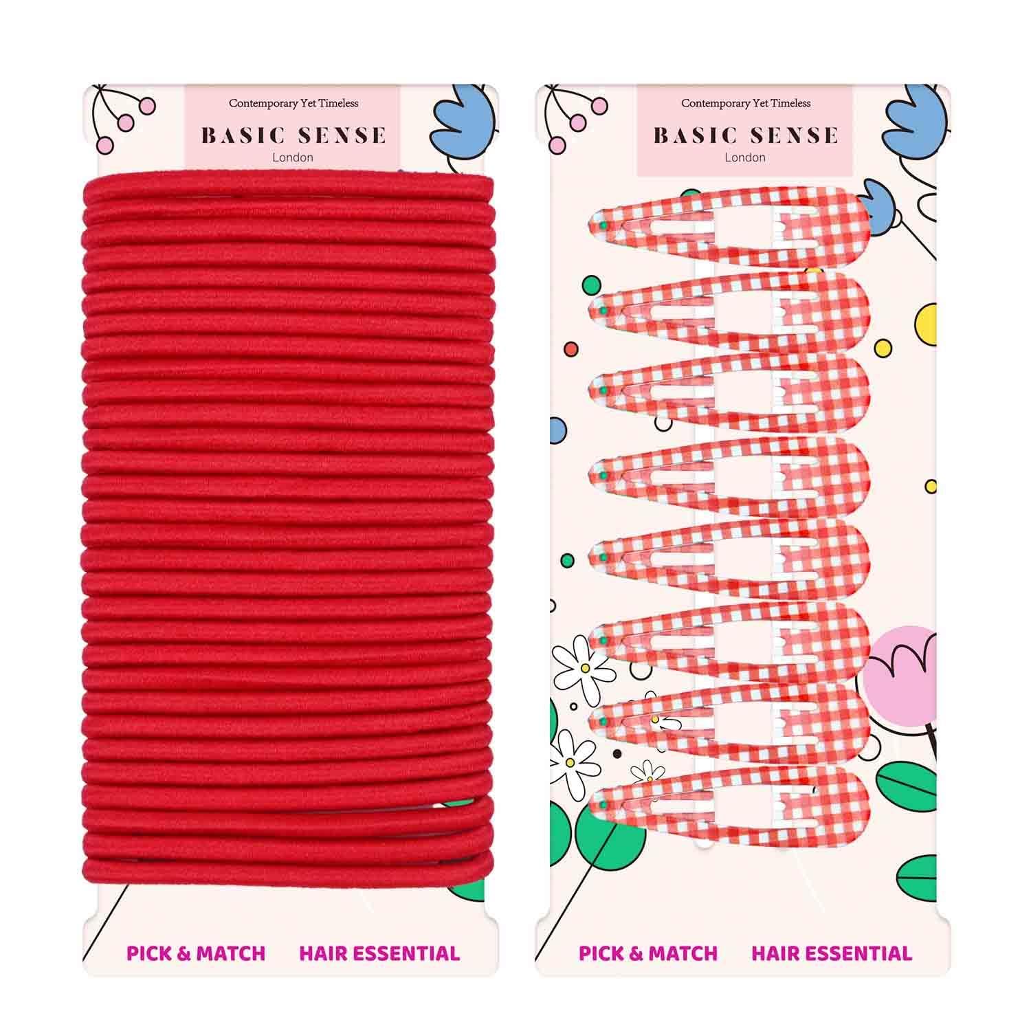 Basic Sense 38pcs Gingham Check Hair Accessories Set - Keep Her School Look Neat & Stylish (Snap Clips & Elastics), Red