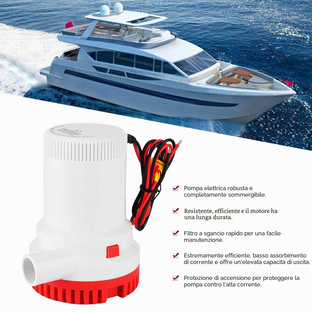 Pompa di Sentina Sommergibile 2000GPH 12V 24V per Barche Pompa Elettrica Resistente per Scafi Stagni e Piscine Flusso 7550L H con Protezione Antiaria e Basso Consumo Ideale per Rimozione Acqua