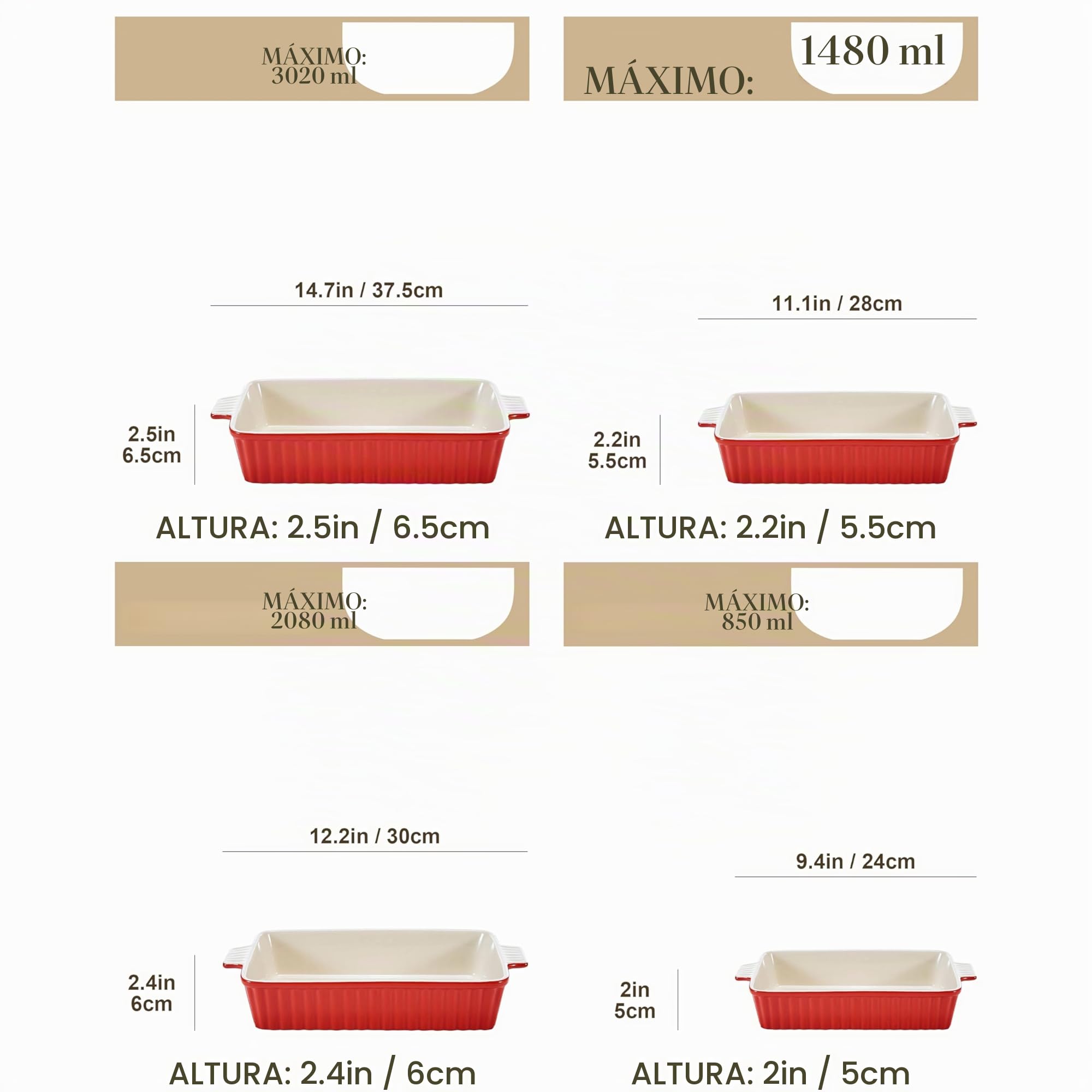 MALACASA Juego de 4 Porcelana Molde Para Pan y Bandeja Para Hornear en 4 Tamaños, Plato Hondo Rojo, Serie BAKE