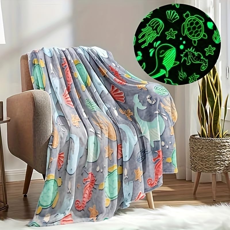Image of Happy Hues Ocean Glow in The Dark Blanket-200 x 150 cm- Super Soft Fluffy Flannel Fleece All Season Blanket for Babies-Toddlers-Kids & Teens Boys & Girls- Best Gifting Ideas for 0-15 Years