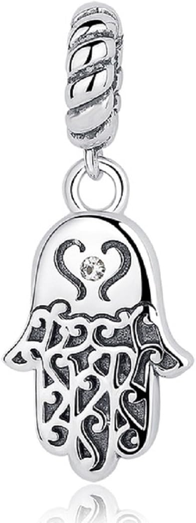 FeatherWish Lucky Hamsa Evil Eye Charm 925 Sterling Silver Family Love Travel Dangle Pendant Fits And Compatible With Pandora Bracelets Gift For Friend Daughter Wife Mum Sister (Clear Cubic Zirconia)