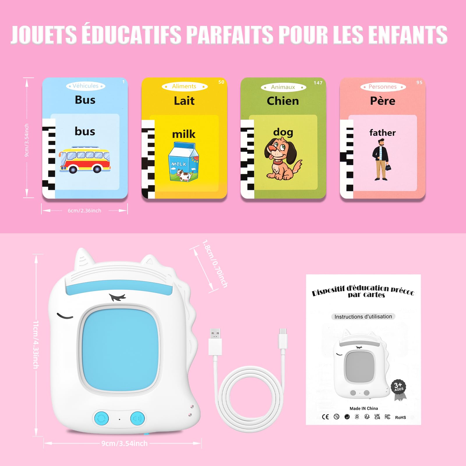 Cartes Parlantes Montessori Bilingues - 224 Cartes 448 Mots Français/Anglais