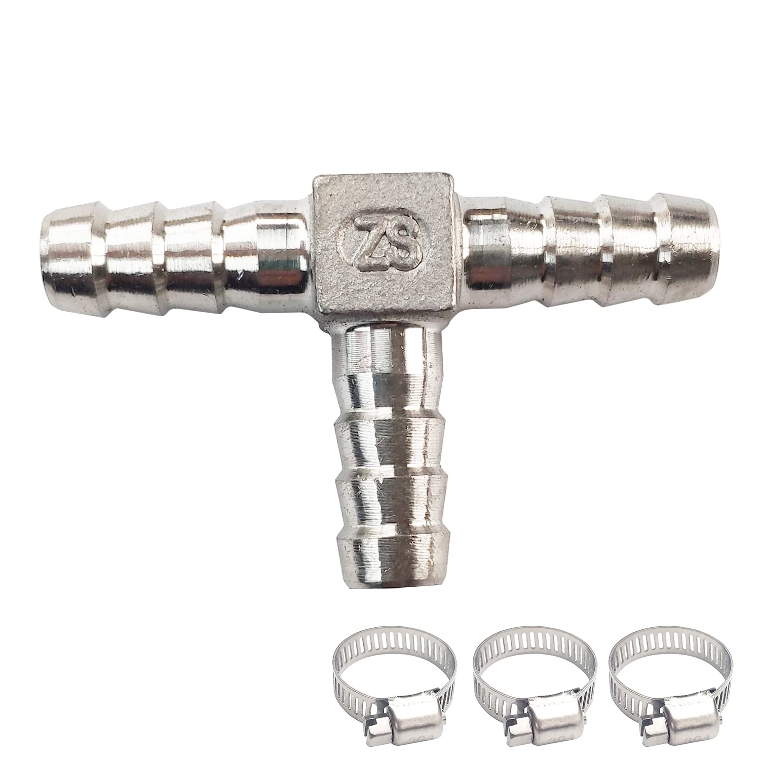 JENSWILL 5/16" Stainless Steel Hose Barb Fitting Tee 3 way Barbed Splicer Mender Union Fitting with 3PCs Hose Clamp for Oil Water Air