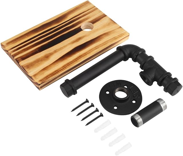 Fdit Iron Pipe Wall Mount Paper Rack Wood Shelf Bathroom Toilet Paper Tissue Holder with Mobile Phone Storage Shelf
