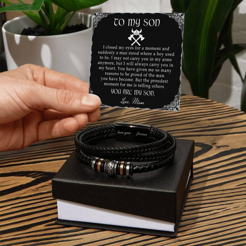 To My Son Leather Bracelet, Son Gifts From Mom And Dad, Bracelets For Sons From Father Mother, Gift For My Sons Christmas, Graduation Birthday With Message Card And Gift Box2