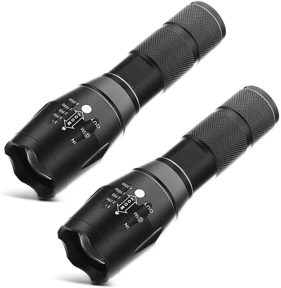 LED Torch, Super Bright 2000 Lumen Zoomable LED, Adjustable Focus Tactical Flashlight with 5 Modes, Waterproof Handheld Mini Torch for Camping & Outdoor Sports, 2 Packs