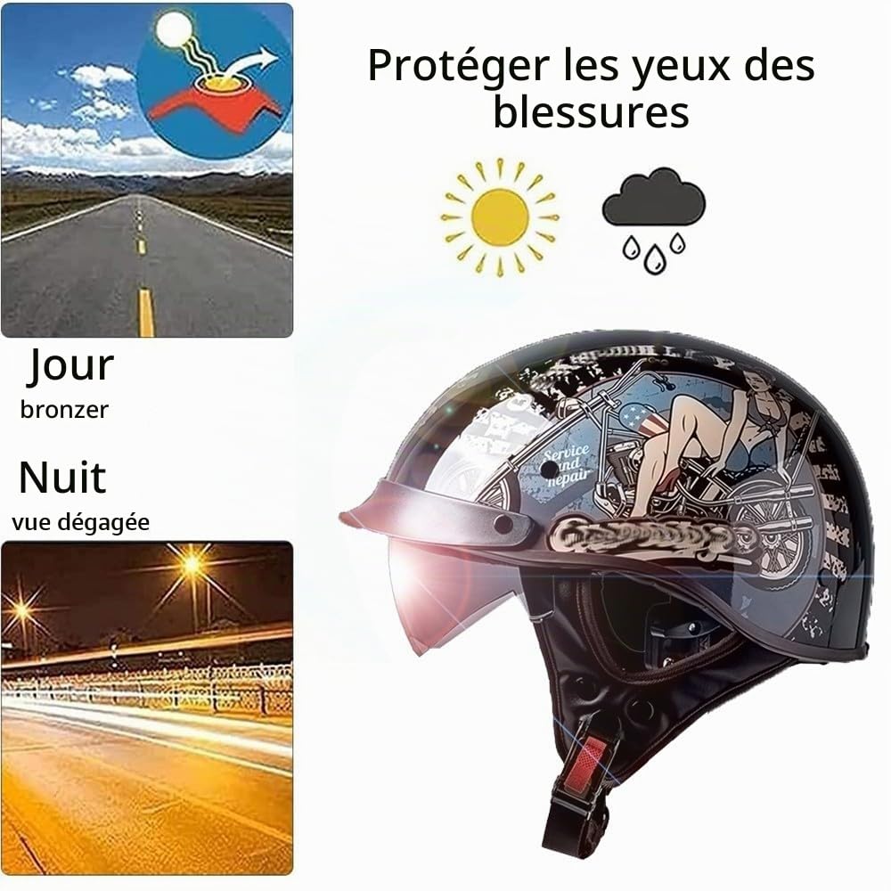 Casques Jet, Demi-Casque Moto Vintage Homologué ECE, Rétro Casques Bols avec Pare-Soleil et Boucle à Dégagement Rapide Réglable, Casque Ouvert pour Scooter Vélo Cruiser 57~64cm