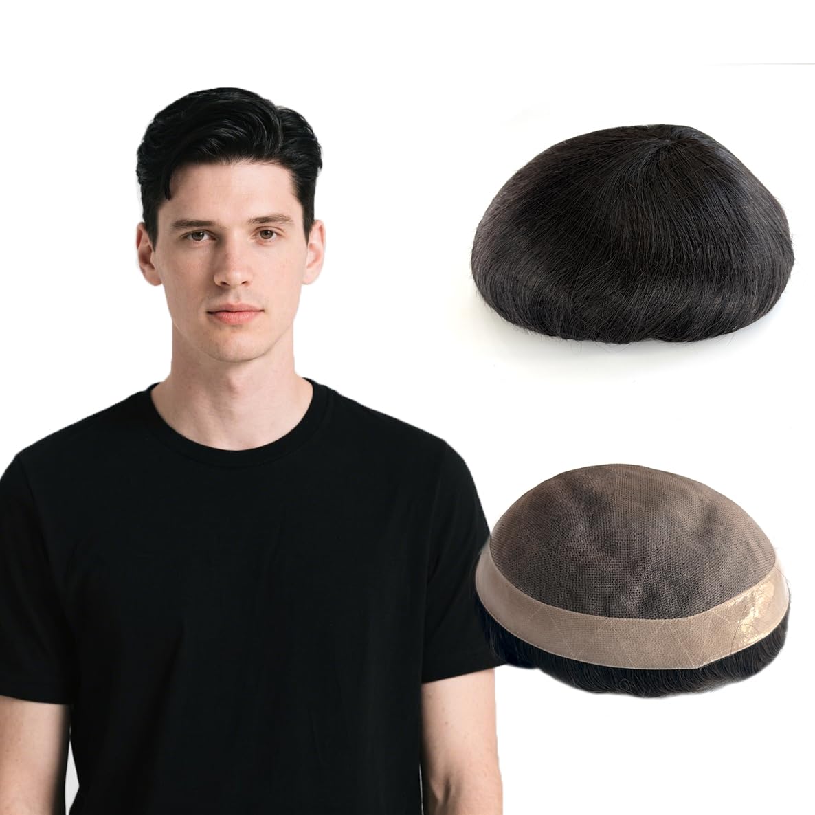 Hywel Toupee for Men with Real Soft Human Hair, Mono Top with Poly Coating Around Cap Mens Toupee, Straight Hair Pieces System Men Replacement In
