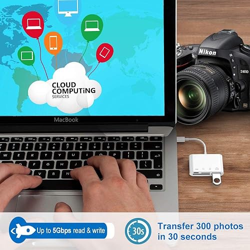 Miniatura 5 de Lector de tarjetas de memoria USB C a SDMicro SD, adaptador de lector de tarjetas de memoria USB C a cámara 4 en 1 con puerto de carga compatible