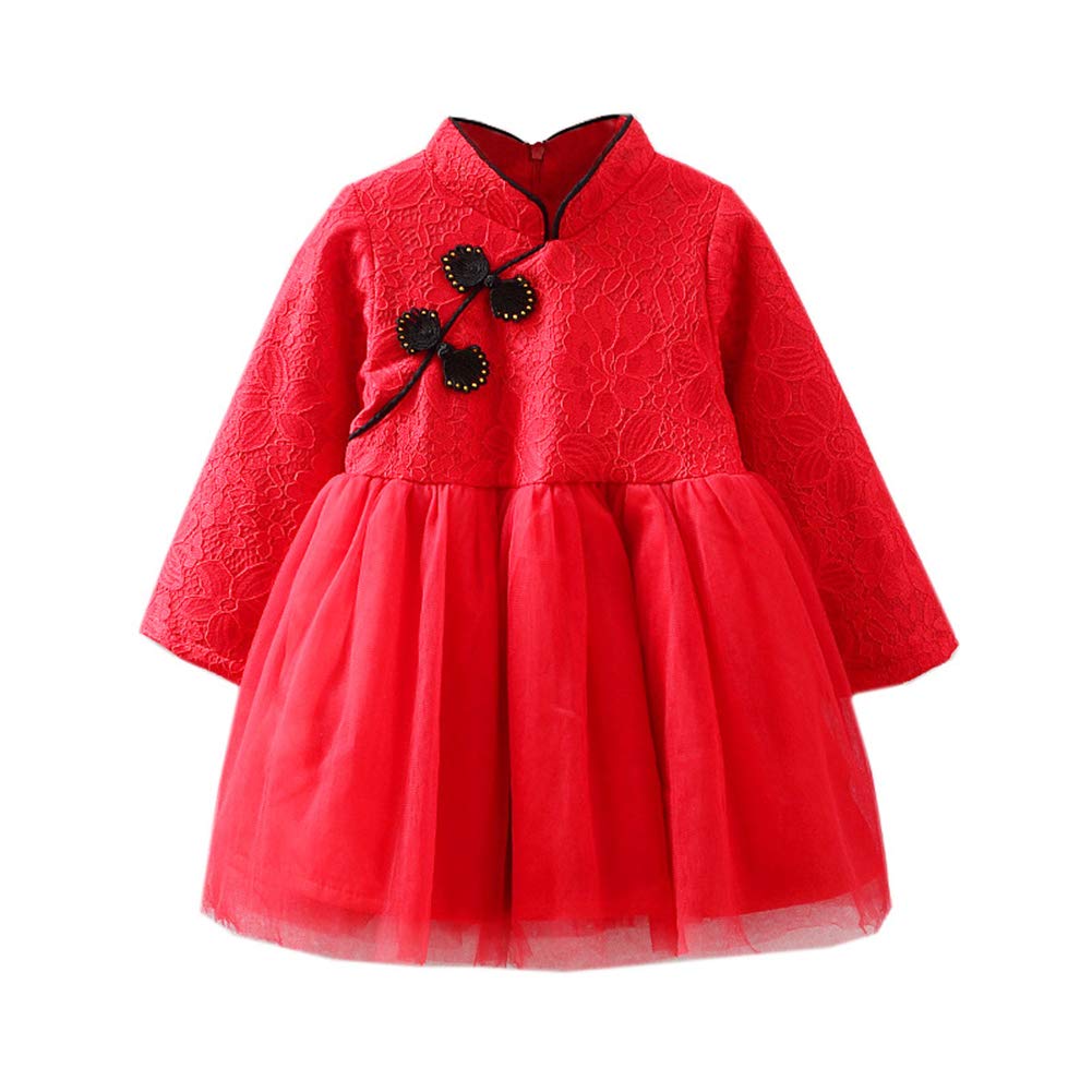 Mud KingdomGirls Floral Dress Long Sleeve Lace Dresses with Tuttle Traditional Style Chinese New Year