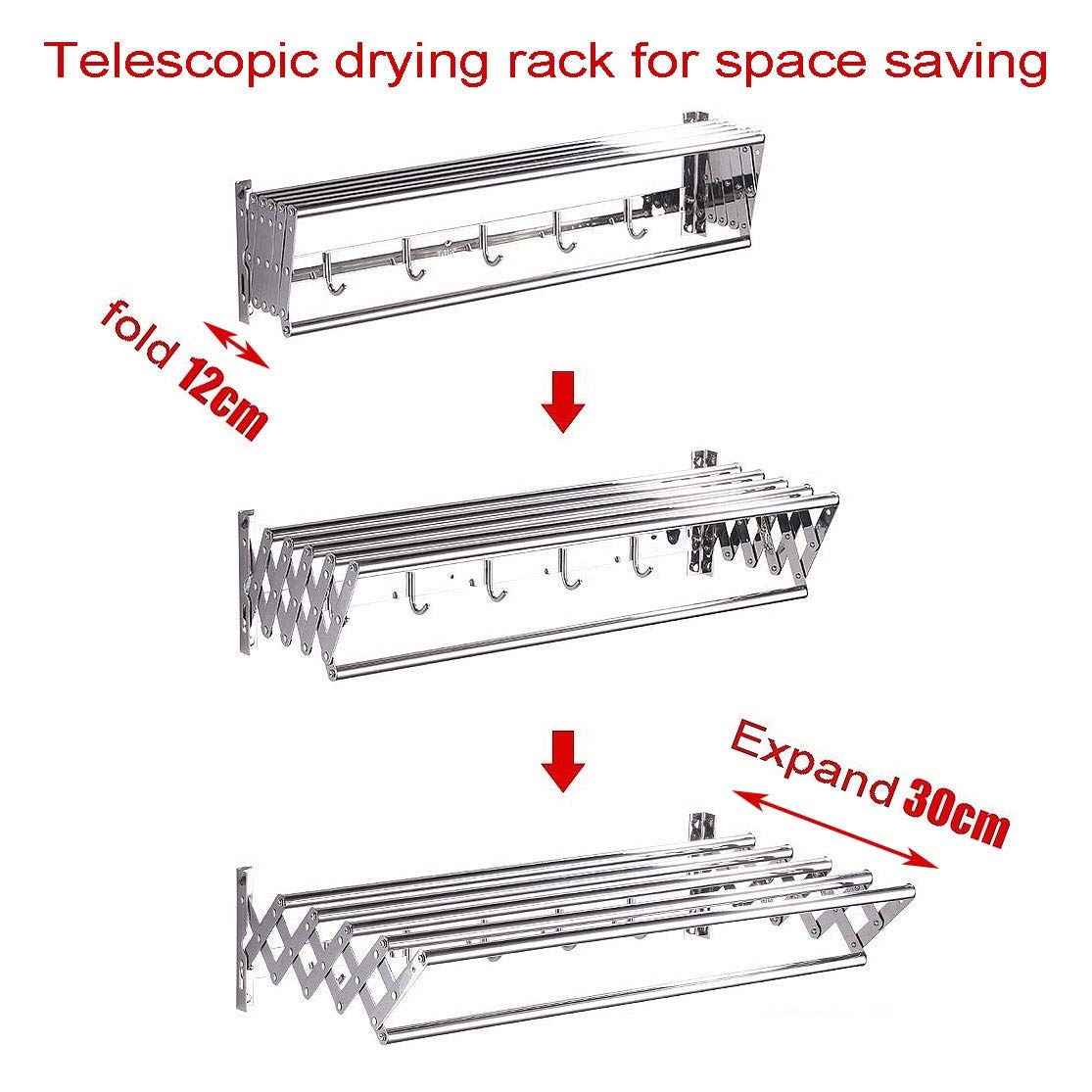 Airer Stoffhandtuch-Trockenständer 40-70 cm 6-Schienen-Wäschetrockner Badezimmer Balkon Toilette Duschraum Faltende Push-Pull-Wäscheleine Einziehbare Hakenstange Platzsparend (Size : 40cm) little
