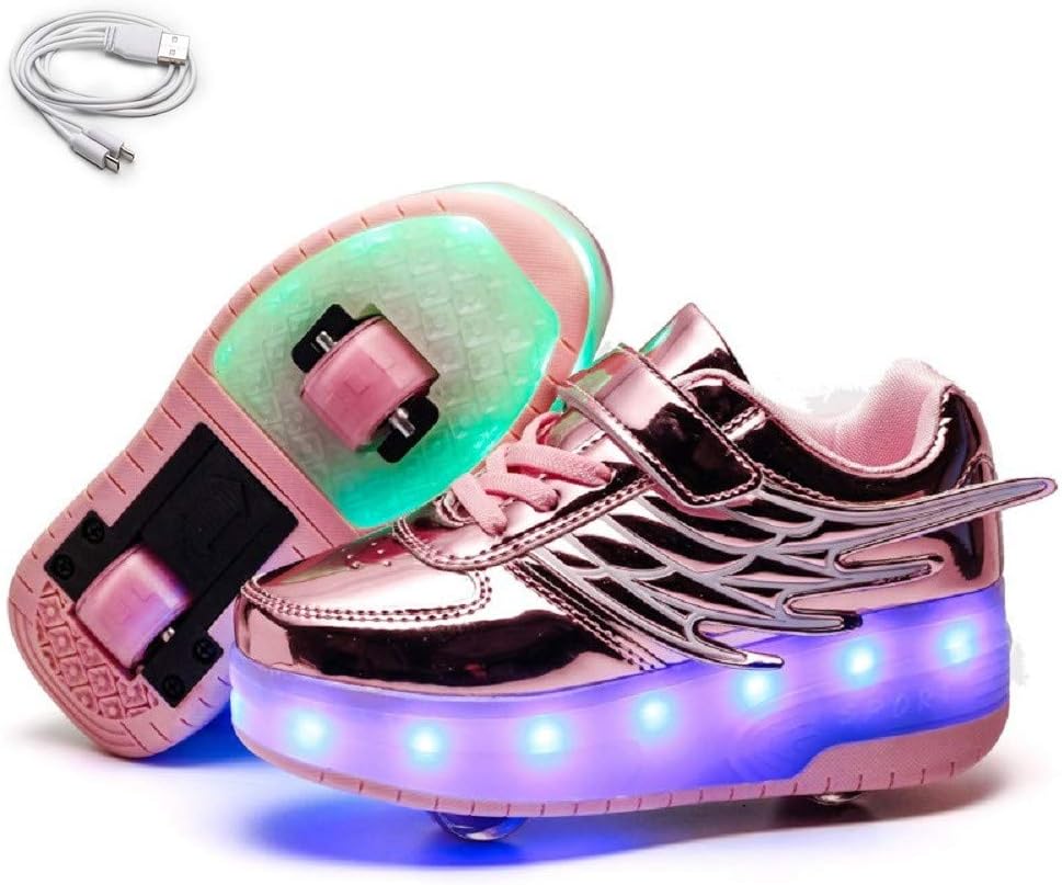 Ehauuo Kids Roller Shoes USB Rechargeable Double Wheel Shoes LED Flashing Retractable Roller Skates Sneakers Shoes for Girls Boys Beginners Gift(1.5 M US Little Kid, B-Pink)