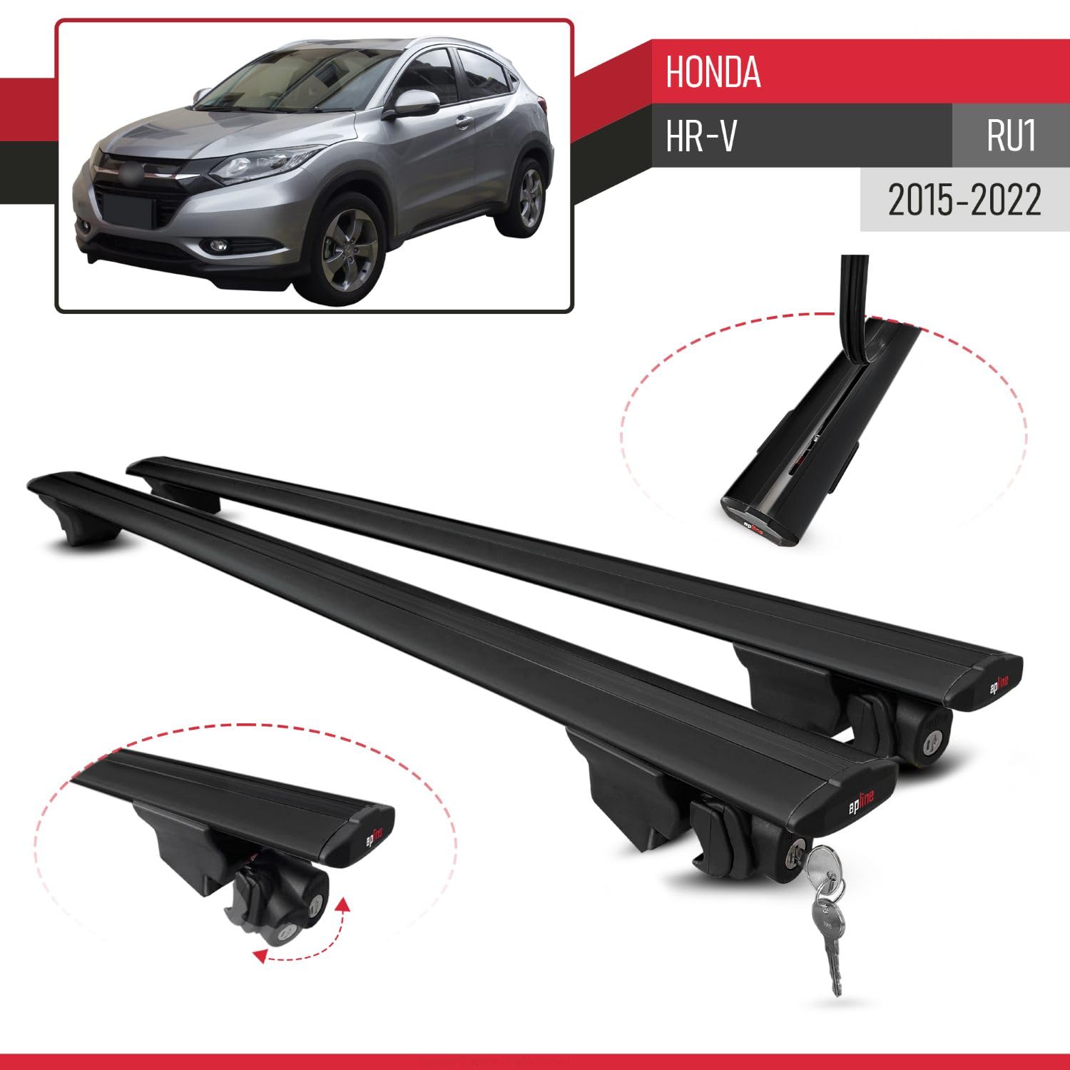 Compatible avec Honda HR-V (RU1) 2015-2022 Hook Modèle Barres de Toit Railing Porte-Bagages de Voiture Aluminium Noir 2 Barres