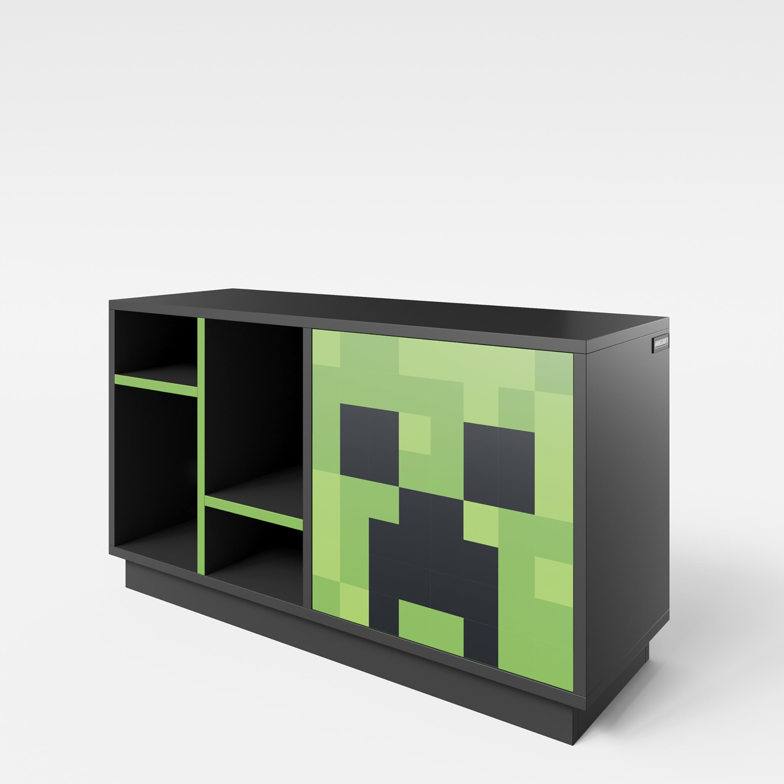 Minecraft Meuble TV avec éclairage LED – Lowboard Gamer avec Porte vitrée Creeper, 3 étagères Ouvertes, 1 Niche Console et Passe-câbles – 108x61x37cm, Noir