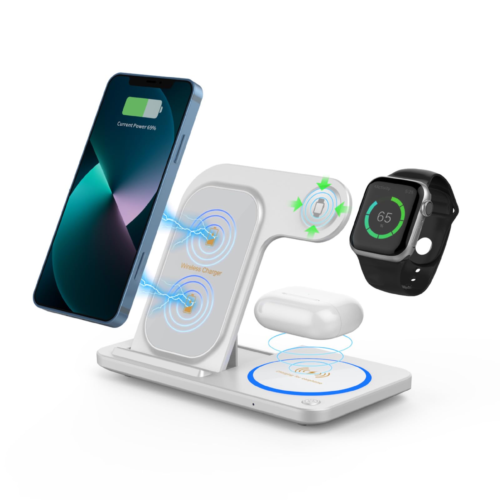 Supporto 3 in 1 molto sottile per wireless con tecnologia a doppia bobina, veloce e sicuro per smartphone, smartwatch, utilizzare telefoni pieghevoli, caricabatterie