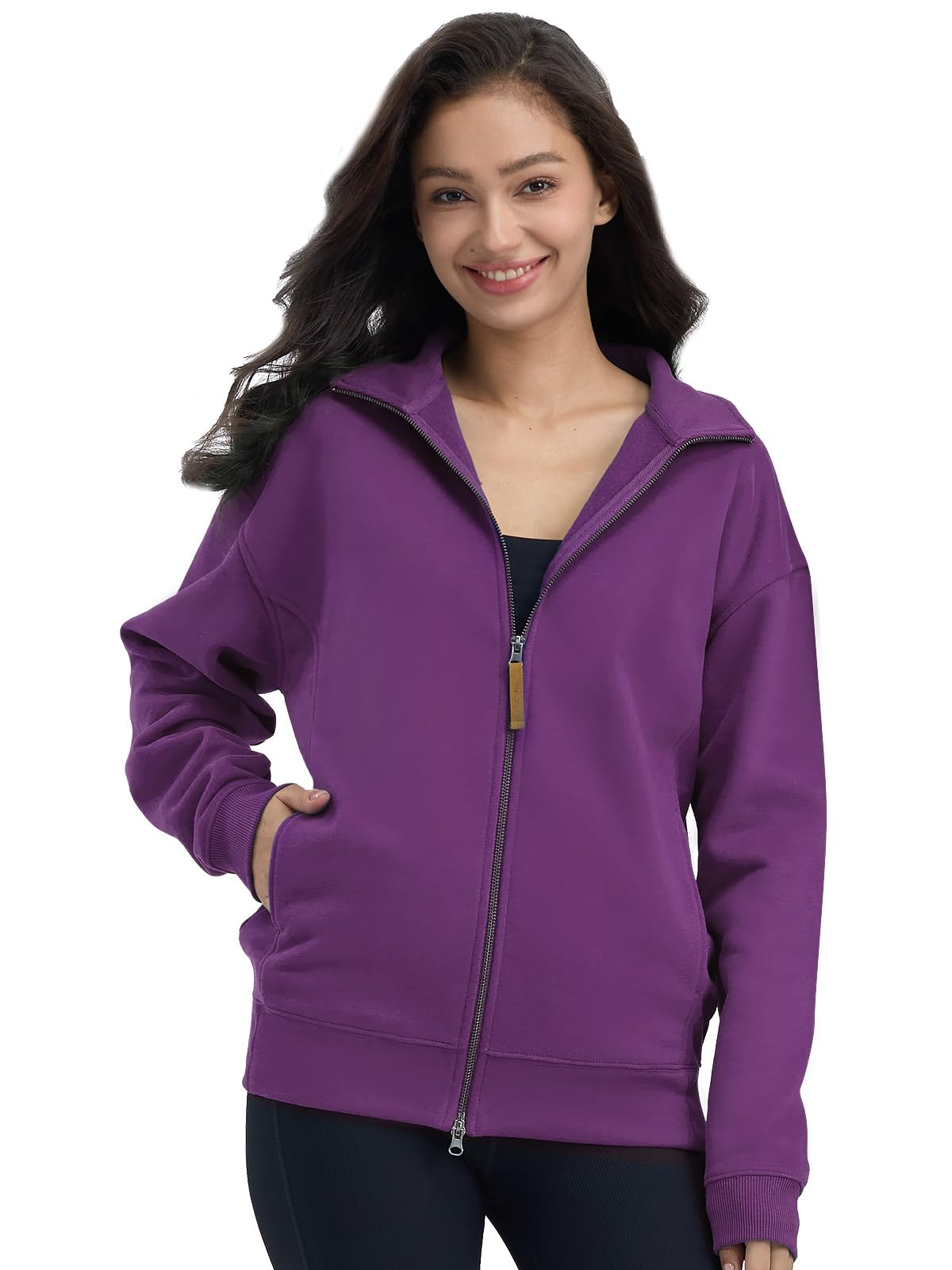 Mega Tshop Two-Way Zip Up Sweatshirt Stand Collar Fleece Jacket | 350 GSM Cotton Blend Fabric, Warm Fleece, Heavyweight, Mock Neck, Zipper, Slant Pockets, Comfy, Unisex, XS-4XL, for Men Women