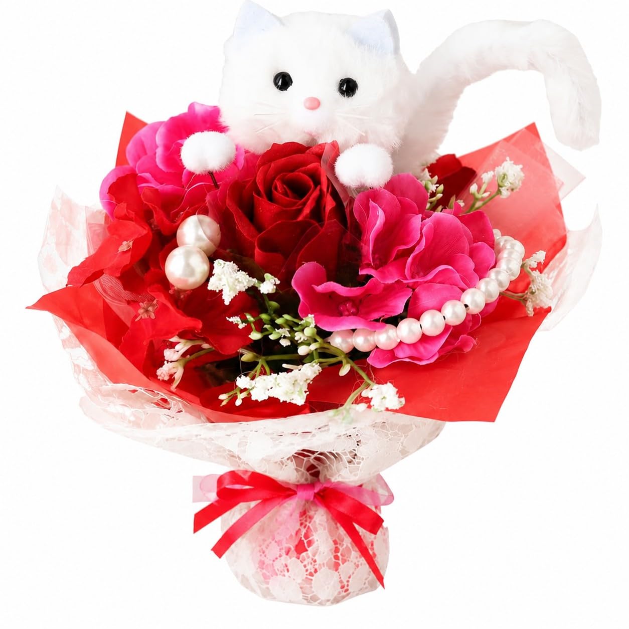 薔薇　赤　白　猫　５個セット Amazon｜Heart Angel ネコブーケ 動物花束 猫グッズ ソープフラワー