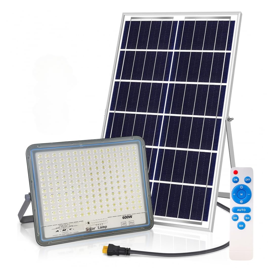 AMC Faro led esterno con pannello solare 600 Watt, luci solari, Lampade da parete per esterni, luci solari da giardino con pannello crepuscolare, angolo di illuminazione 120°, 5 m, isolamento IP67