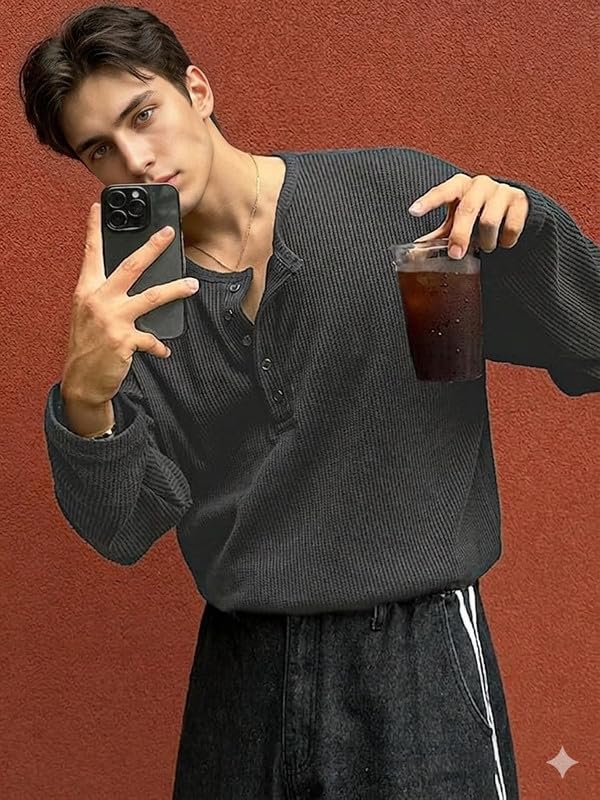 Image of Imsa Moda Men's Textured Fabric Half-Open Collar T-Shirt | Full Sleeve Casual T-Shirt for Men