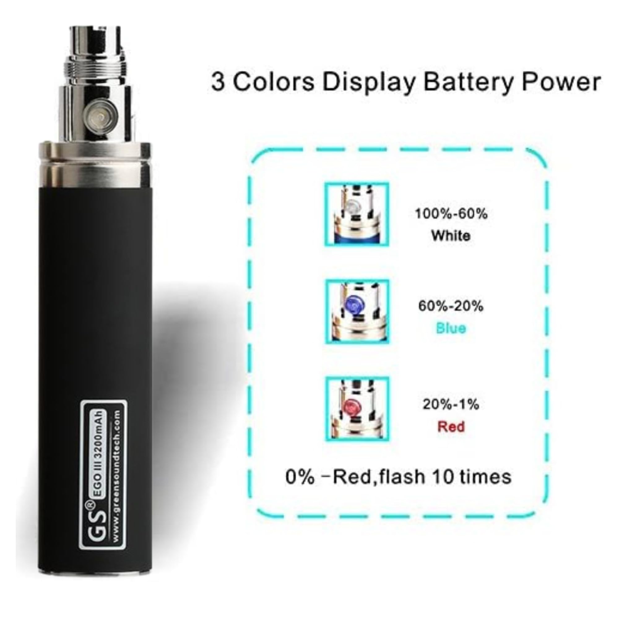 GS EGO 3 III 3200mAh Rechargeable Ecig Battery GreenSound Electronic  Cigarette Ego 510 Thread E-Shisha E-Cigarette with User Manual Nicotine  Free (Rainbow with Charger) : Amazon.co.uk: Electronics & Photo