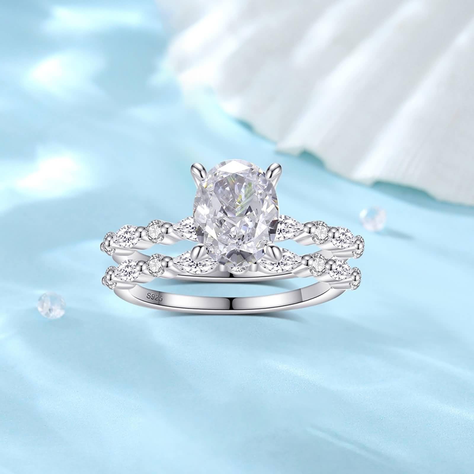 Statement Ring Damen, Promise Ring for Women 2 Schmale Ringe mit 7X9mm Ovalem Moissanit Silber 14K Weißgold Größe 47 (15.0)