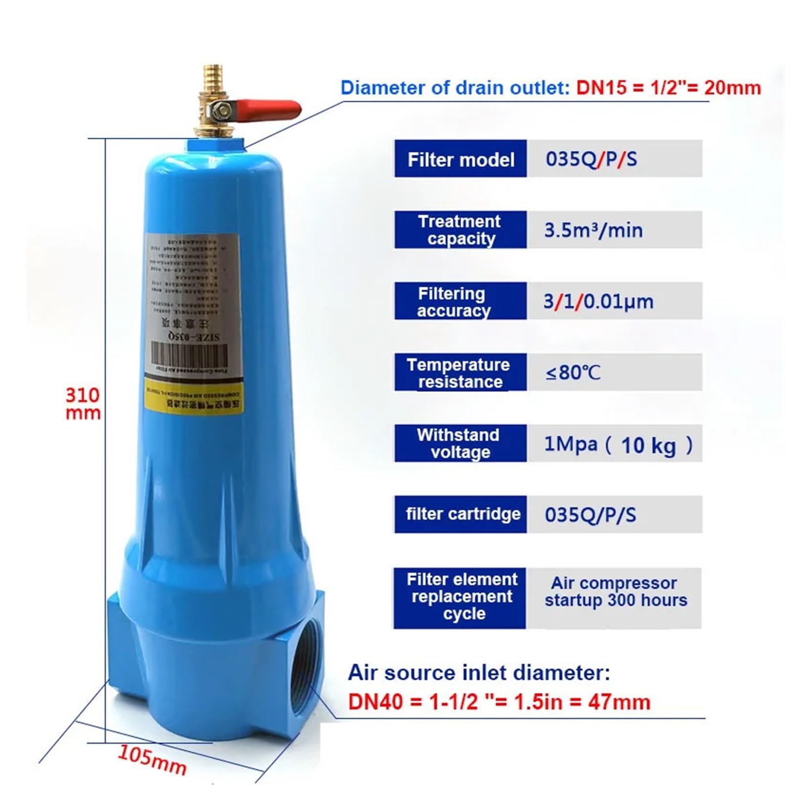 Filtre de précision à air comprimé QPS 024 Séparateur Huile-Eau Compresseur d'air 015 Sécheur Eau sèche(035P)